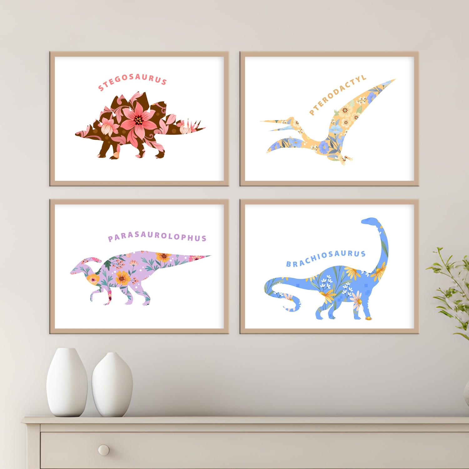 Dinosaur Floral Wall Art Prints 4 Set